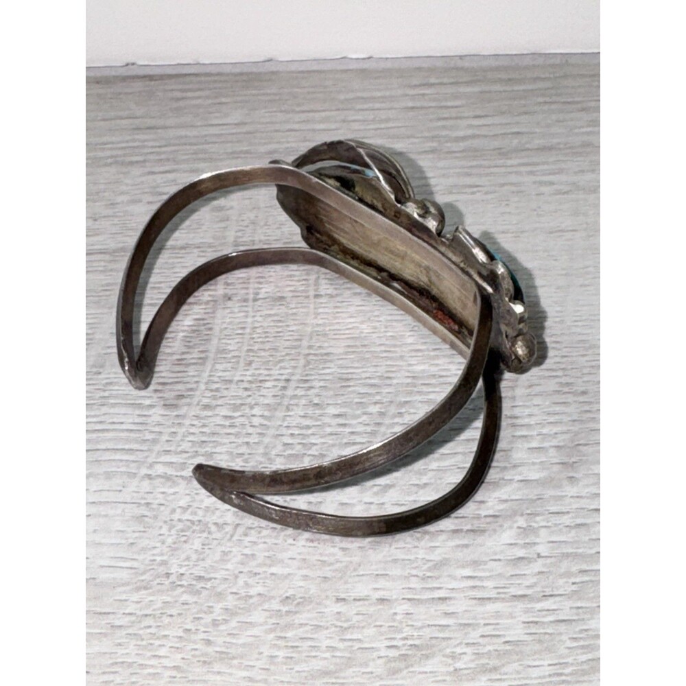 Vintage Navajo Old Pawn Turquoise Leaf Sterling Silver Bracelet - Picture 3 of 5
